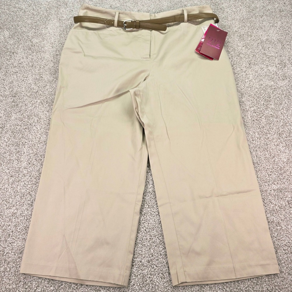 212 Collection Women Khaki Classic Fit Cropped Wide Leg Belted Pants Size 16 NWT